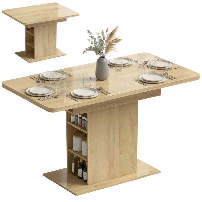 HOMCOM Ausziehbarer rechteckiger Esstisch für 4–6 Personen, Küchentisch 110-130 cm, 6 offene Regalfächer, Naturholz