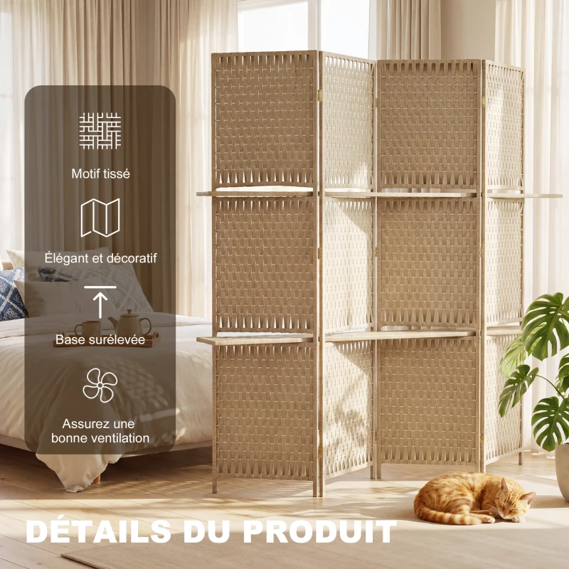 HOMCOM Séparateur de pièces 4 panneaux 2 étagères pliables naturel paille
