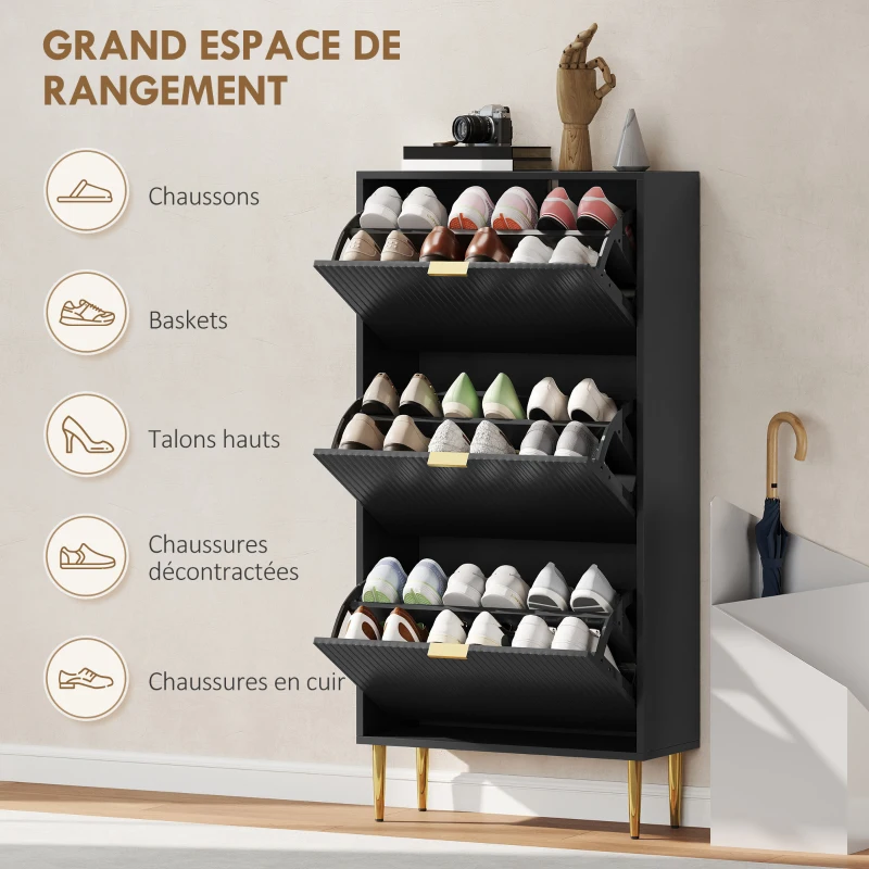 HOMCOM Meuble à chaussures 18 paires avec 3 tiroirs rabattables, portes cannelées et étagères réglables, 60x24x122,5cm, noir