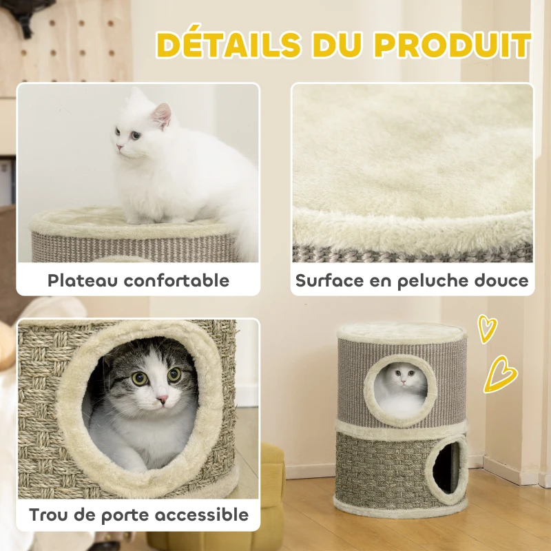 PawHut Tonneau à gratter pour chat arbre à chat sisal naturel et herbiers marins recouvert de peluche 35,5x35,5x49cm kaki café