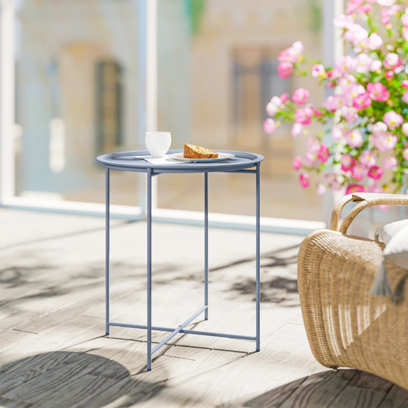 Outsunny Runder Couchtisch Beistelltisch Abnehmbares Tablett mit erhöhtem Rand Klappbeine aus Stahl Ø46x50cm Blaugrau