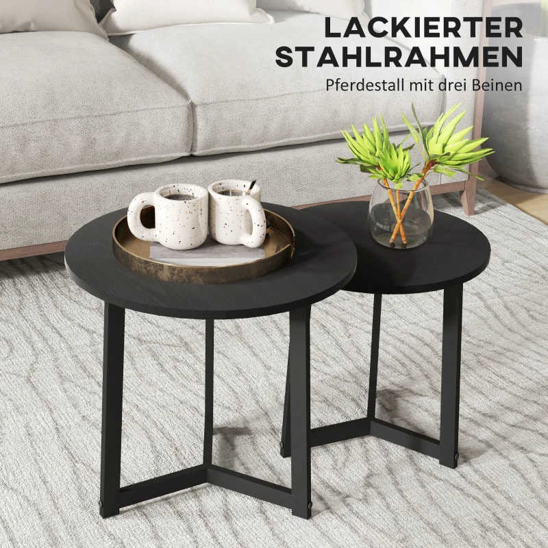 HOMCOM Moderner Couchtisch als 2er-Set, Metallrahmen, MDF, Rundes Design, ineinander verschiebbar, Schwarz