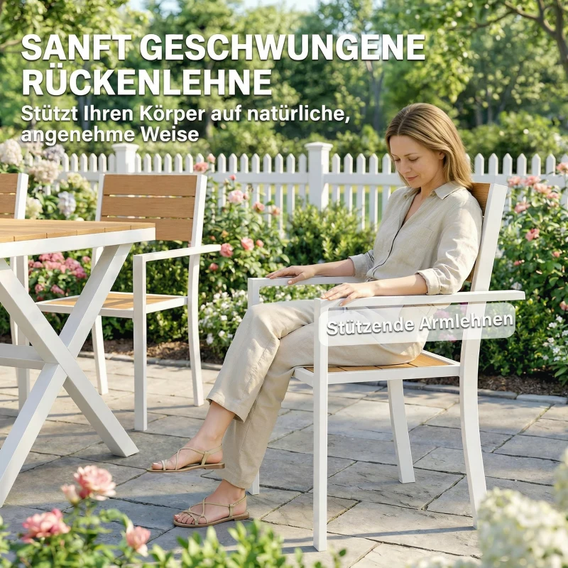 Outsunny Gartenmöbel Set Sitzgruppe 7-teilig Tisch mit 6 stapelbare Stühlen Holzoptik Aluminiumrahmen Teak