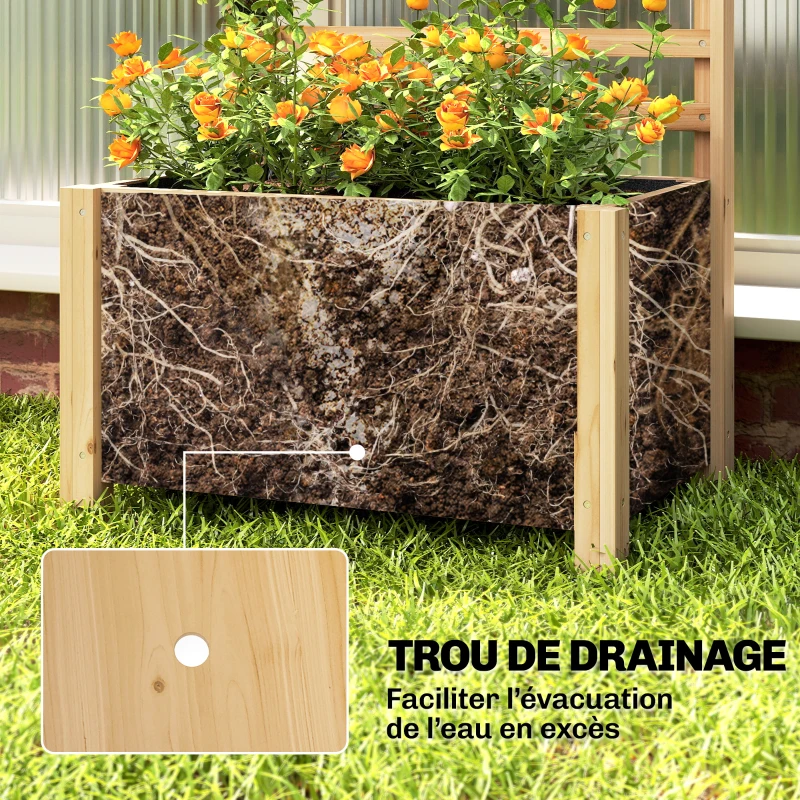 Outsunny Jardinière avec treillis, bac à fleurs avec brise-vue, trou de drainage et doublure intérieure, 60 x 39 x 120 cm, bois naturel