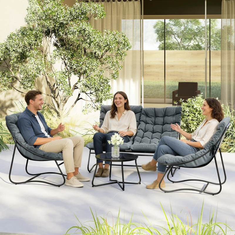 Outsunny Salon de Jardin 4 Pièces avec Coussins Épais 8cm Ensemble Mobilier Extérieur en Acier et Textilène Respirant Gris