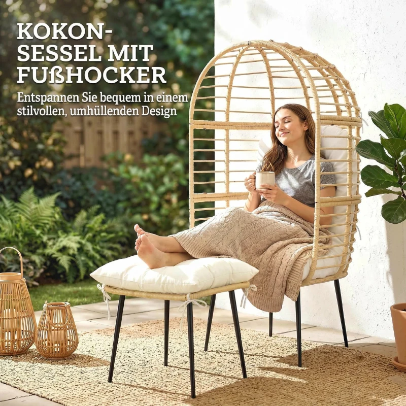 Outsunny Gartensessel mit Hocker PE Rattan Ei-Form Korbsessel mit langen & dicken Kissen Metallrahmen Beige