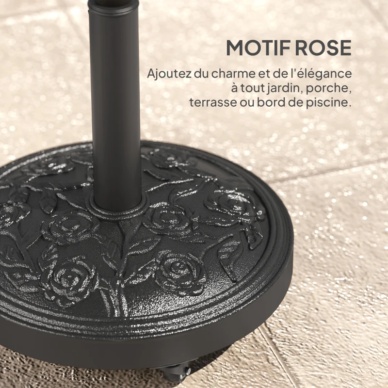 Outsunny Pied de parasol, socle parasol extérieur en résine 21 kg, pour mât de Ø 32/38/48 mm, avec roues, Ø 49 x 42 cm, noir