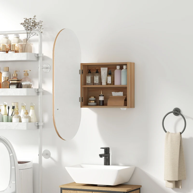 HOMCOM Armoire murale salle de bain avec miroir ovale 45 x 90 cm moderne sans cadre bois naturel
