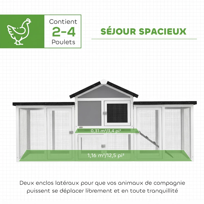 PawHut Poulailler clapier modèle chalet multi-équipé : rampes, nichoirs, plateau, en bois massif 204 x 85 x 93 cm gris