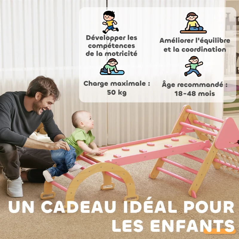AIYAPLAY Triangle d'escalade enfants 8 en 1 avec rampe double face, arc d'escalade en bois avec toboggan & échelle, rose