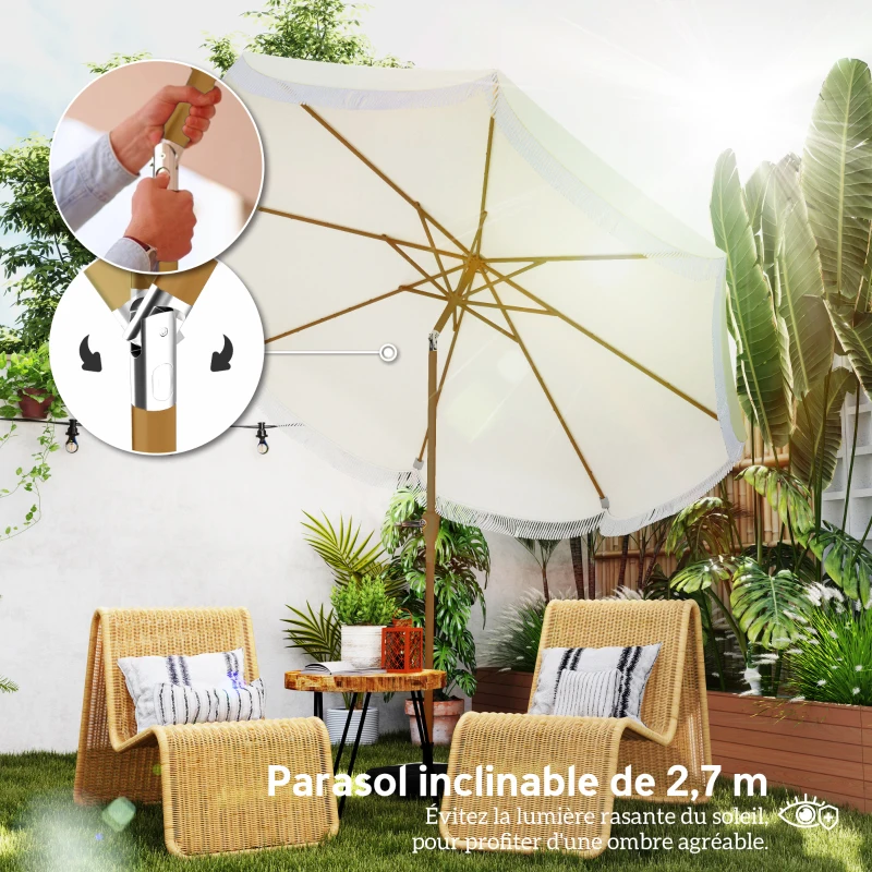 Outsunny Parasol de jardin 2,7 ​​m, parasol inclinable d'extérieur UPF 30+ avec manivelle, 8 baleines, bleu clair et blanc