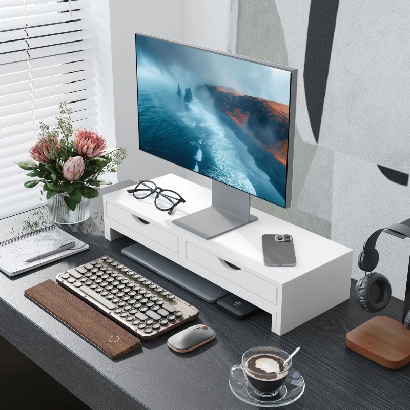 HOMCOM Rehausseur écran PC bureau support d'écran d'ordinateur de 60-116 cm avec 2 tiroirs, longueur et angle réglables
