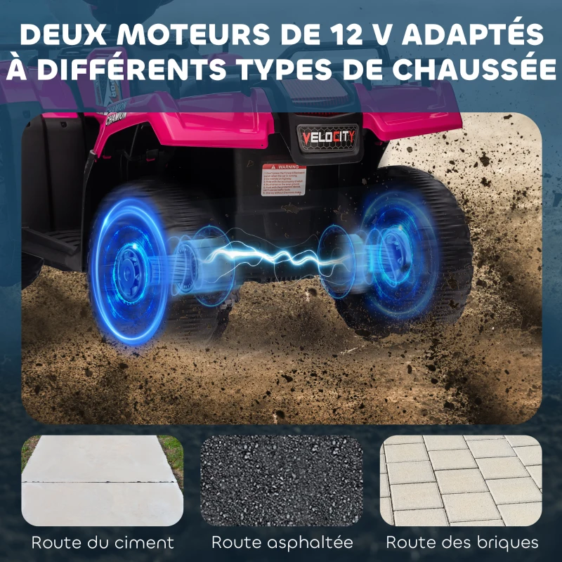 HOMCOM Quad électrique enfant 12V, voiture électrique enfants, double moteur, phares et musique, 88x45x50cm, rose(m-4)