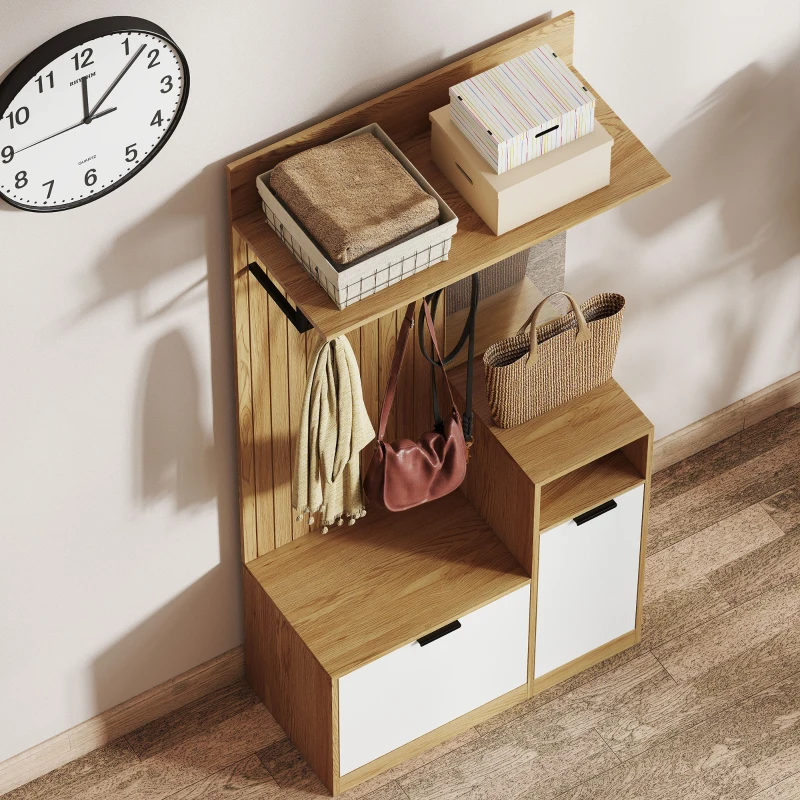 HOMCOM Meuble d'entrée 6 en 1, vestiaire d'entrée avec banc à chaussures rabattable, miroir, 80x37x168cm, chêne