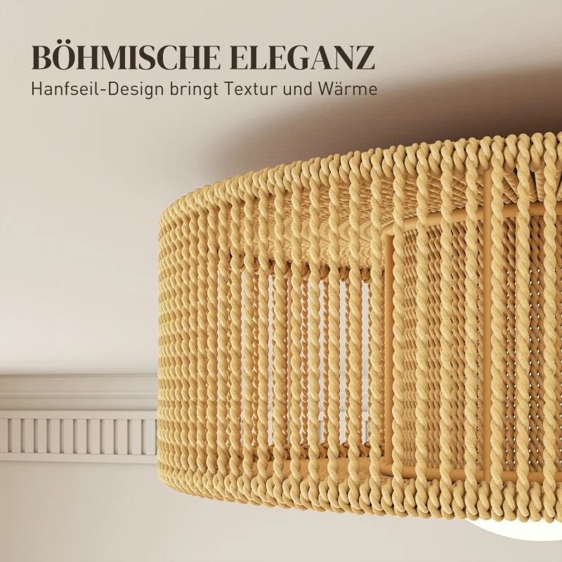 HOMCOM Deckenleuchte, Boho-Deckenlampe Hängend mit G9 LED Fassung, Lampenschirm aus Hanfseil Rund
