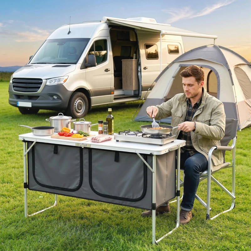 Outsunny Armoire de Camping Pliante en Aluminium avec Rangement pour Pique-nique, Barbecue, Extérieur, 120x47x70cm, Argent