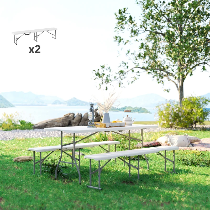 Outsunny Banc de jardin Lot de 2 bancs pliants avec poignée de Transport en Métal et HDPE 182 x 28 x 42 cm Blanc
