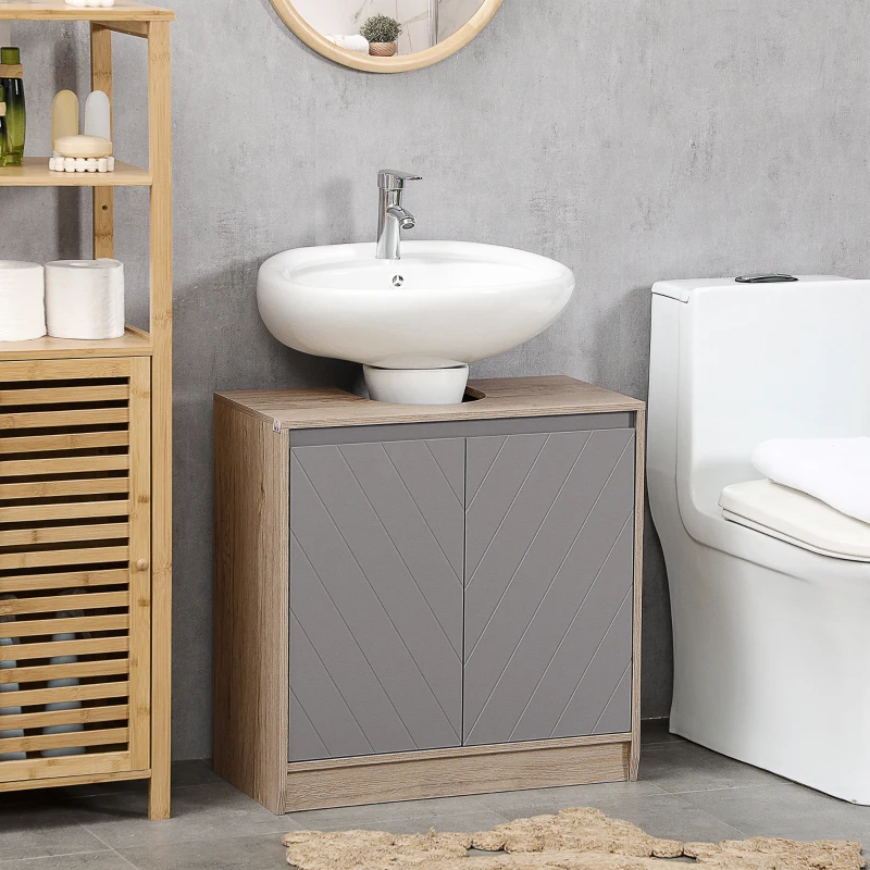 HOMCOM Meuble salle de bain sous Lavabo - meuble sous-vasque - placard 2 portes avec étagère - dim. 60L x 30l x 59,8H cm - panneaux particules chêne clair gris