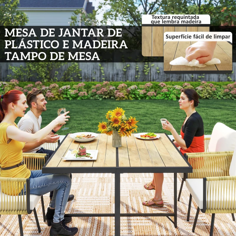 Outsunny Conjunto de Refeição Jardim de 5 Peças Mesa de Refeição com Imitação de Madeira e 4 Cadeiras com Almofadas Bege e Madeira