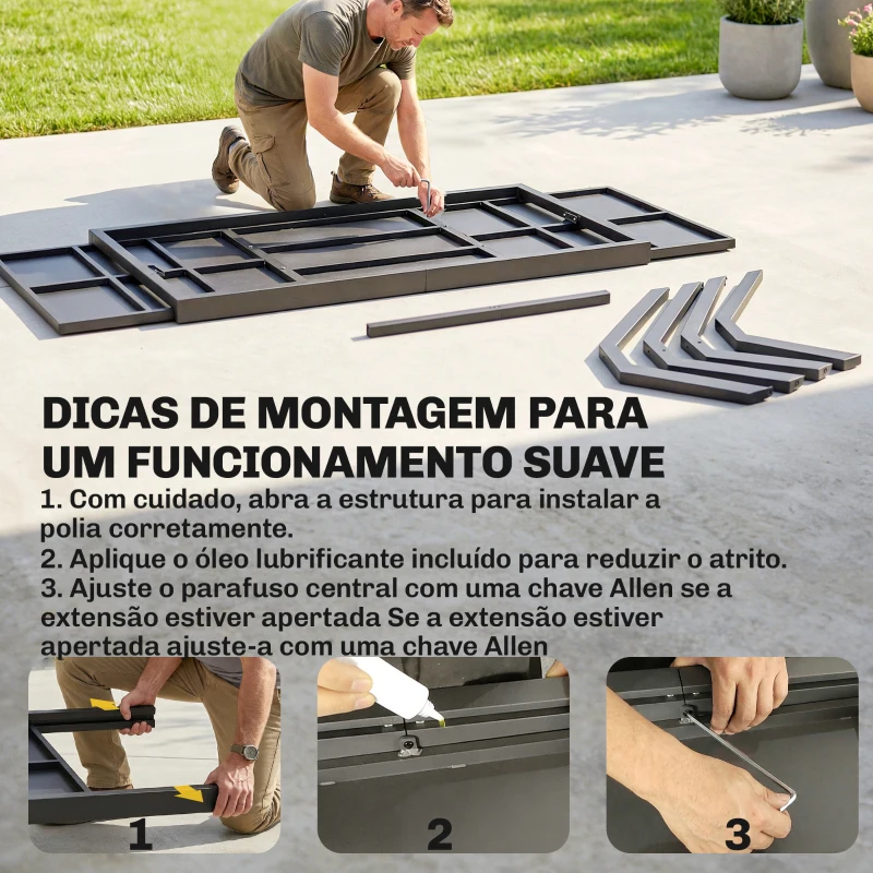 Outsunny Mesa de Jardim Extensível com Superfície em Alumínio 154/214x85 cm com Efeito Madeira para 8-10 Pessoas Cinza Escuro
