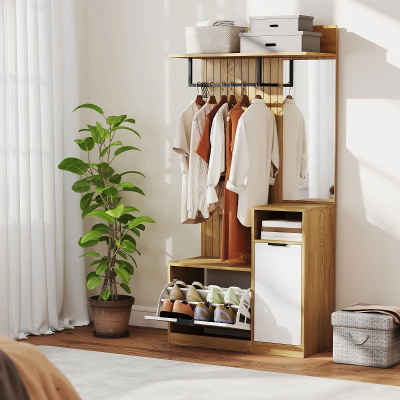 HOMCOM Meuble d'entrée 6 en 1, vestiaire d'entrée avec banc à chaussures rabattable, miroir, 80x37x168cm, chêne