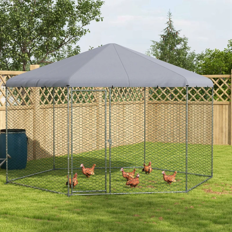 PawHut Enclos poulailler extérieur 10 m² parc grillagé 400 x 346 x 263 cm - espace couvert - 10-15 poules