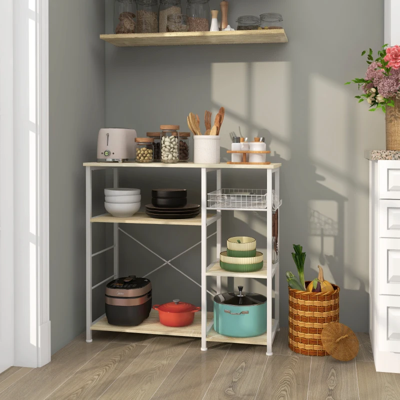 HOMCOM Etagère meuble de rangement cuisine ilot style moderne avec 4 crochets 4 étagères 90 x 40 x 84,5 cm,