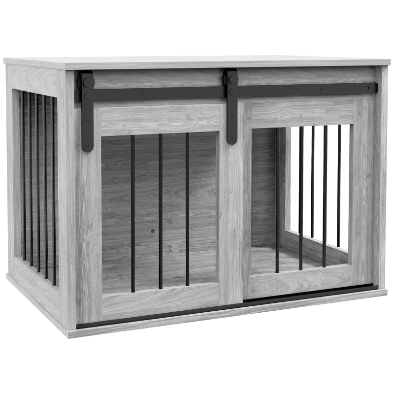 PawHut Cage caisse pour chien animaux intérieur porte coulissante, métal effet bois, dim. 57H x 80L x 54l cm