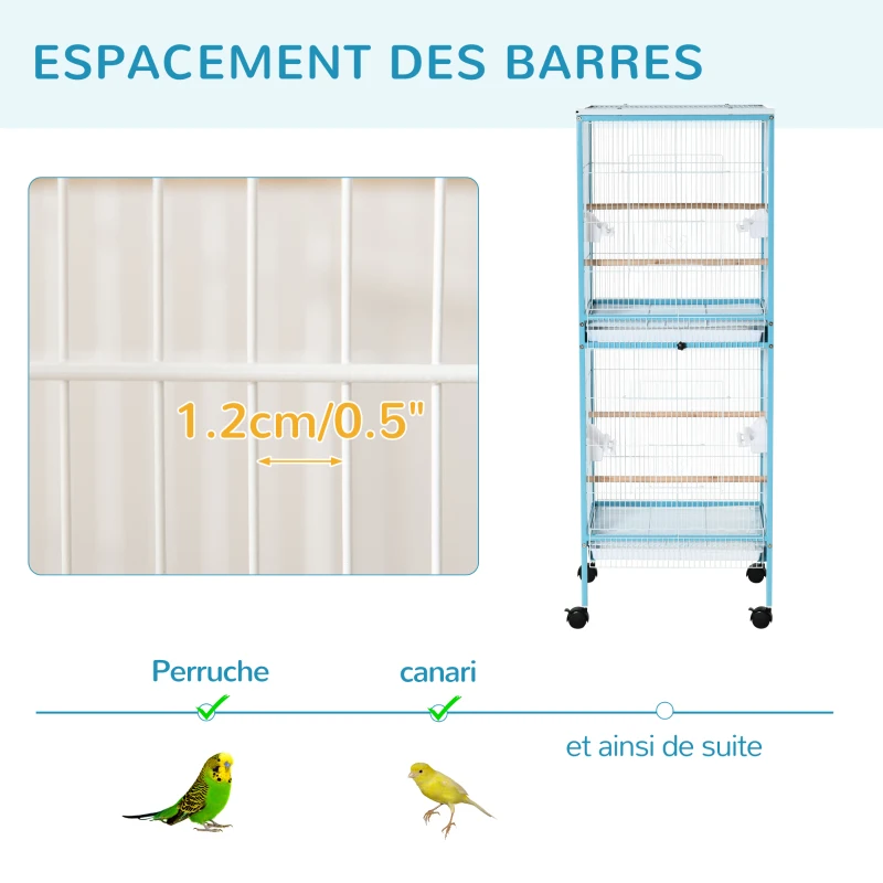 PawHut Grande Cage à Oiseaux sur Pied Double avec Mangeoires Perchoirs Plateau Amovible Roulettes 51,5 x 50 x 140 cm Bleu Clair