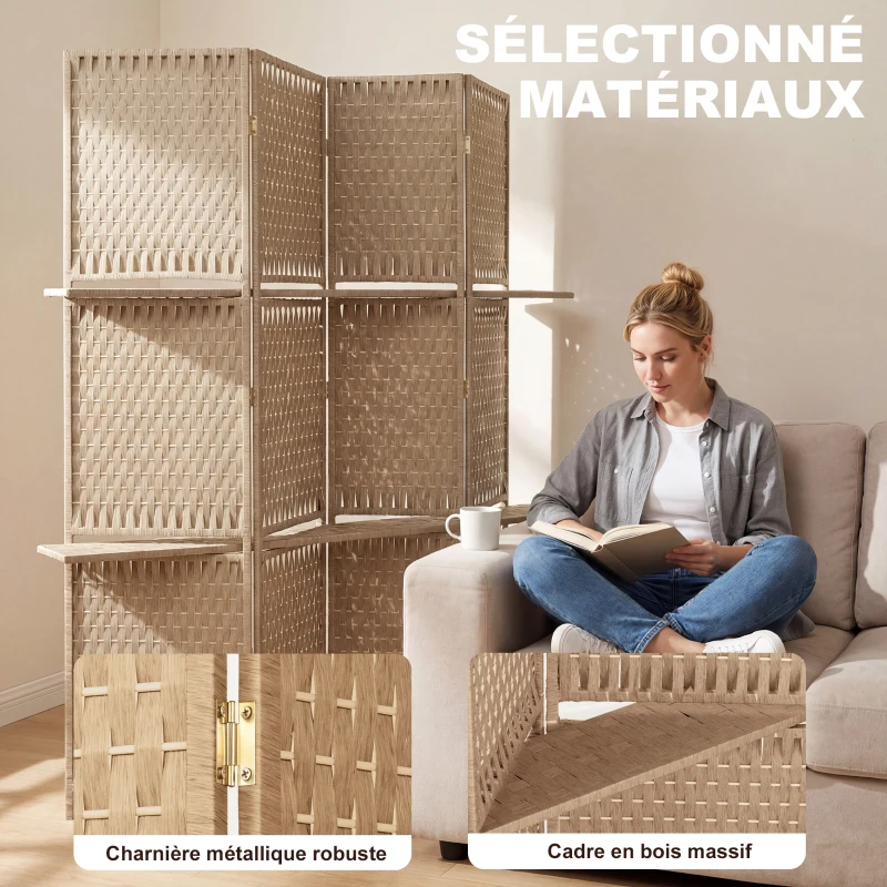 HOMCOM Séparateur de pièces 4 panneaux 2 étagères pliables naturel paille