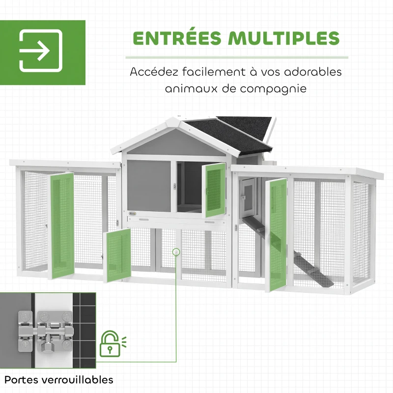 PawHut Poulailler clapier modèle chalet multi-équipé : rampes, nichoirs, plateau, en bois massif 204 x 85 x 93 cm gris