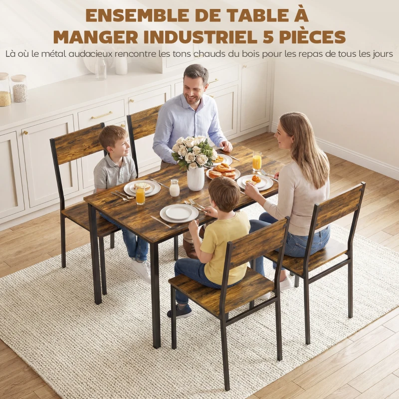 HOMCOM Ensemble table salle à manger avec 4 chaises, table de cuisine avec chaises 4 personnes, pieds en métal, brun rustique