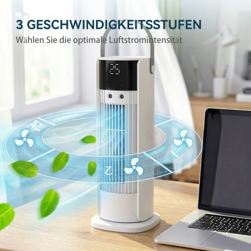 HOMCOM Torenventilator voor de slaapkamer, 40 cm tafelventilator met mistfunctie, RGB-licht, 3 snelheden, 90° oscillatie, 10-uurs timer, voor thuis en kantoor