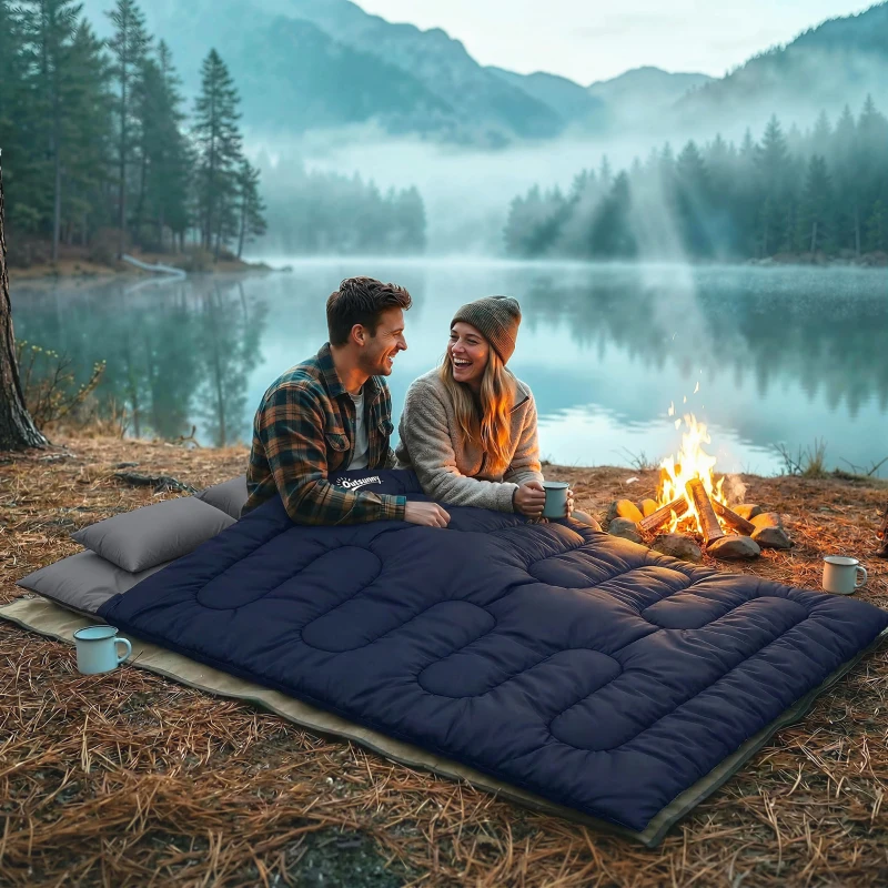 Outsunny Sac de Dormit Dublu pentru Adulți Mărime Queen pentru 2 Persoane cu 2 Perne și Husă de Transport Albastru Închis