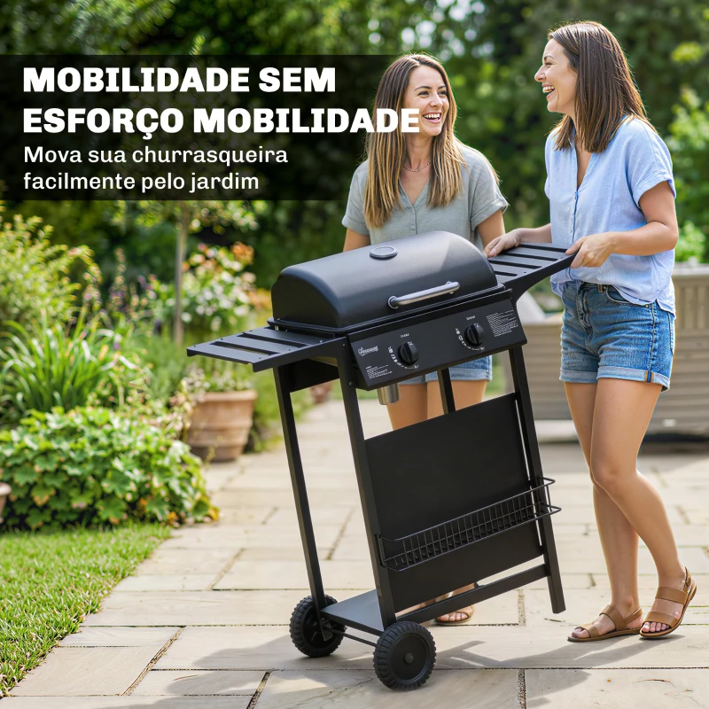 Outsunny Barbecue a Gás BBQ com 2 Queimadores de 5 kW Termómetro Mesas Laterais Prateleira Grelha de Aquecimento 2 Rodas Preto
