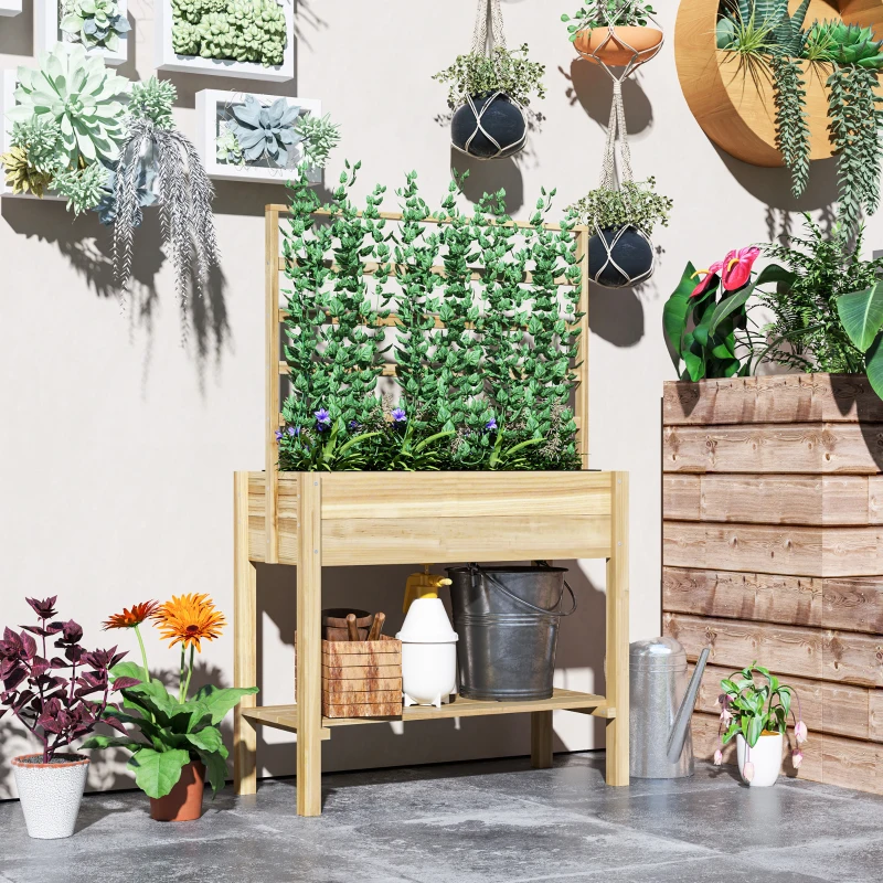 Outsunny Jardinière sur pieds, carré potager de jardin sur pieds avec treillis et étagère, en bois, 88 x 37 x 137 cm bois naturel