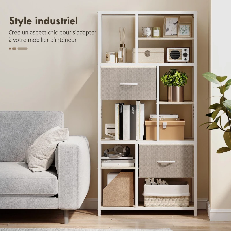 HOMCOM Étagère de rangement 6 niveaux, bibliothèque avec 2 tiroirs en tissu, 9 étagères ouvertes, 72,5 x 30 x 150 cm, blanc