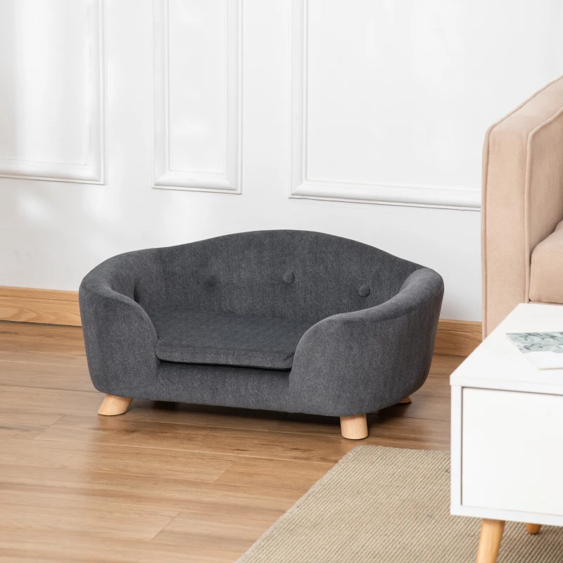 PawHut Canapé lit panier chien chat sur pied design contemporain coussin moelleux amovible pieds bois massif dim. 70L x 47l x 30H cm gris anthracite