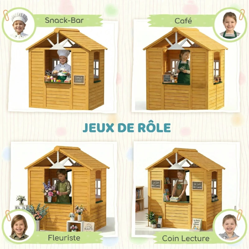 AIYAPLAY Cabane enfant extérieur en bois, maison enfant extérieure avec porte, fenêtres, 2 bacs à fleurs, 134,5x97x150cm, marron