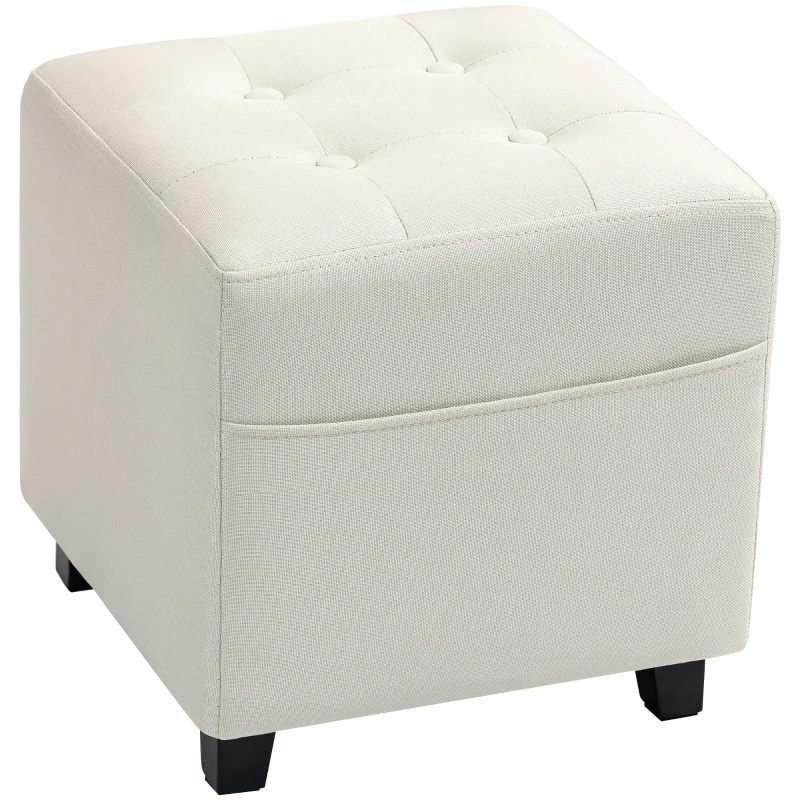 HOMCOM Repose pied salon, ottoman, siège rembourré capitonné en tissu aspect lin avec poche latérale, 35 x 35 x 35 cm, crème