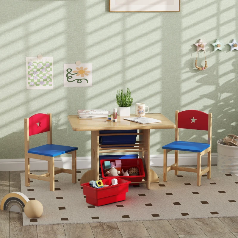 AIYAPLAY Table enfant avec 2 chaises ensemble table et chaises enfants 3 pièces en bois avec 4 bacs de rangement bois naturel