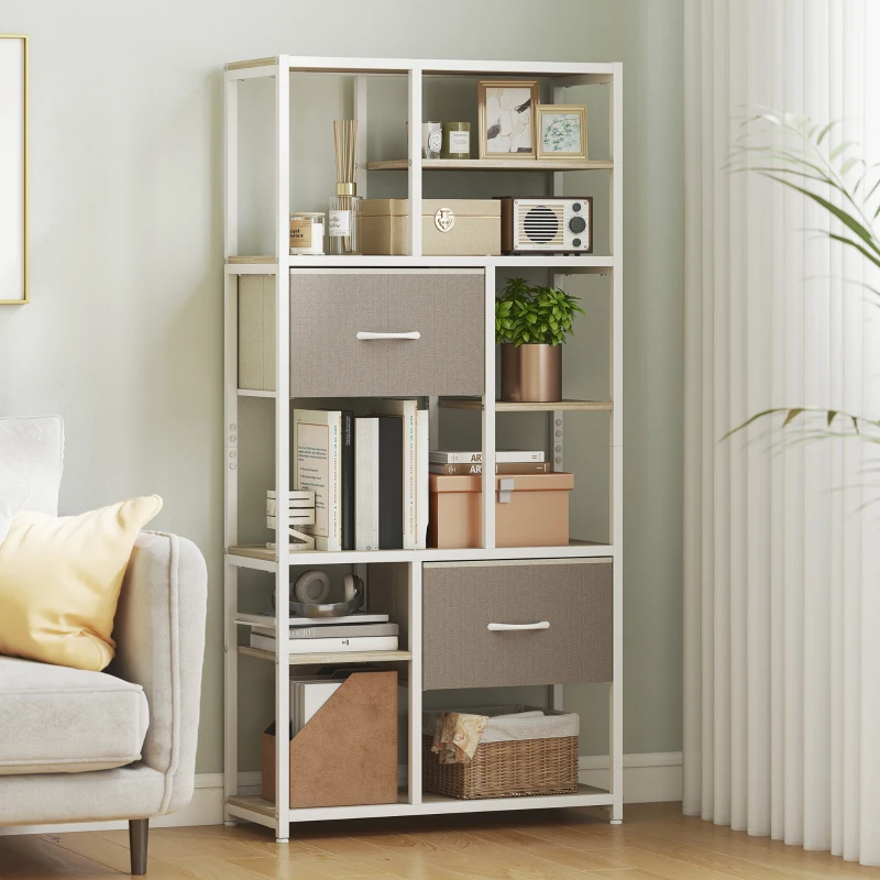 HOMCOM Étagère de rangement 6 niveaux, bibliothèque avec 2 tiroirs en tissu, 9 étagères ouvertes, 72,5 x 30 x 150 cm, blanc