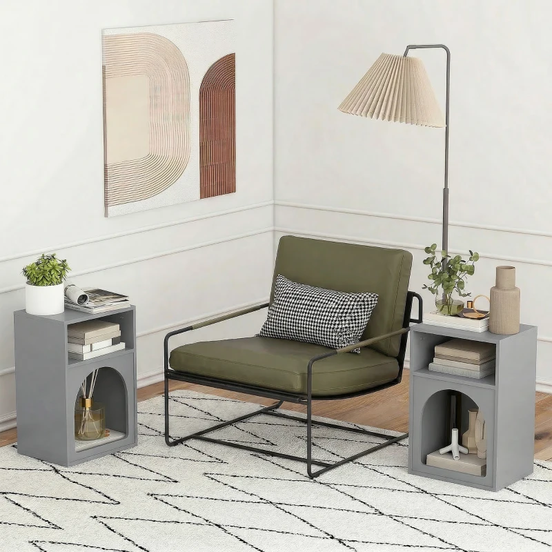 HOMCOM Lot de 2 tables de chevet, table de nuit avec compartiments ouverts, design arqué, 40 x 30 x 60 cm, gris
