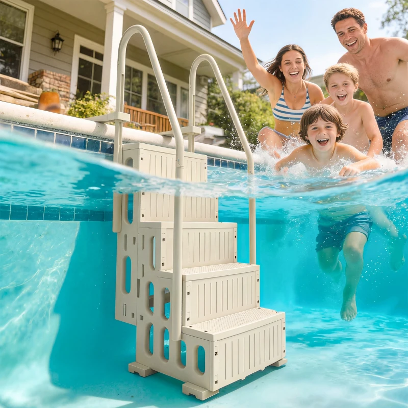 Outsunny Escalier de Piscine en HDPE avec 2 Rampes et 4 Marches pour Piscine Creusée 117-147 cm, 80,8x86x198,5cm, Crème