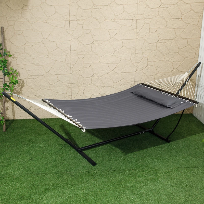 Outsunny Hamac sur pied, hamac avec support en acier, oreiller, barres d'écartement, 368 x 140 x 110 cm, gris foncé