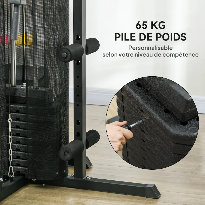 SPORTNOW Station de Musculation avec Pile de Poids de 65 kg, Équipement de Gym à Domicile avec Banc pour Abdominaux, Noir et Bleu