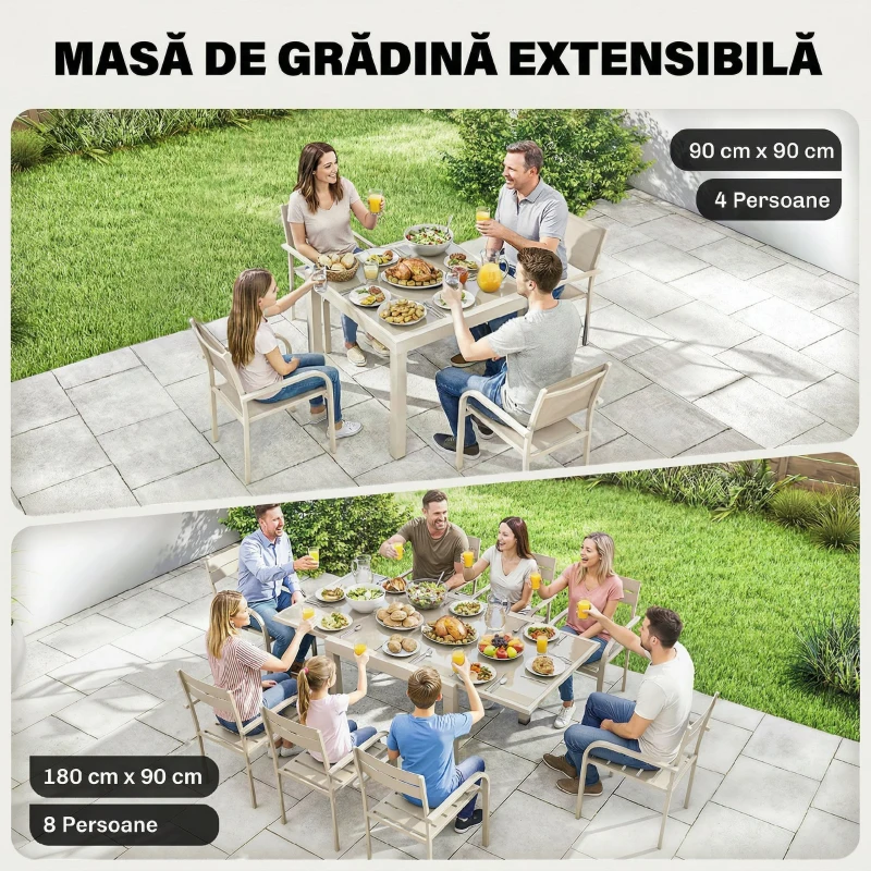 Outsunny Masă Extensibilă din Aluminiu pentru Exterior, Blat din Sticlă Temperată, Crem.