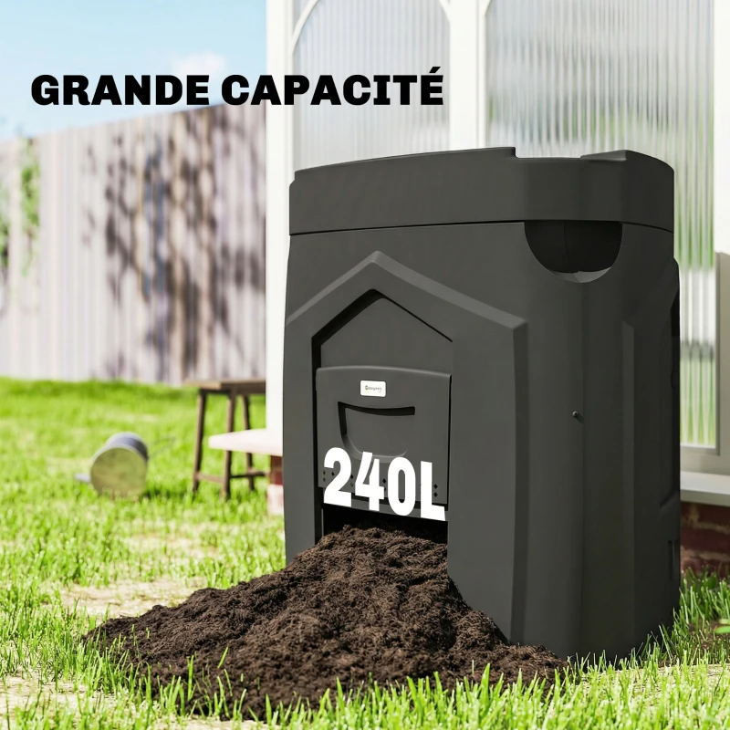 Outsunny Composteur de jardin, 240L, bac à compost extérieur, en polypropylène, 3 Portes, 66 Aérations, 78 x 75 x 78 cm, Noir