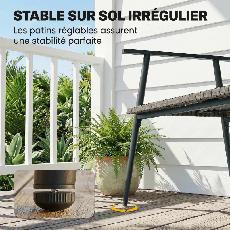 Outsunny Banc de Jardin 2 places en Résine Tressée et Acier, avec Accoudoirs, Dossiers et Pieds Réglables, 110x58x78cm, Gris