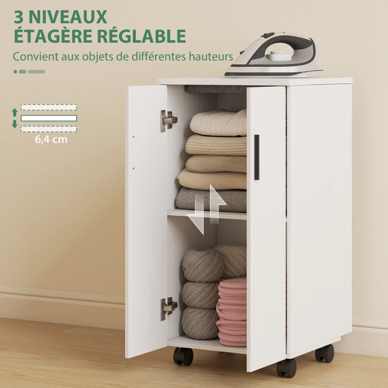 HOMCOM Meuble à repasser 2 en 1, table à repasser pliante sur roulettes avec étagère réglable et charnières, blanc